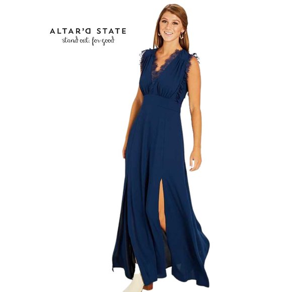Altar'd State Dresses & Skirts - NEW Navy Valetta Maxi Dress V-neck Lace Sleeveless